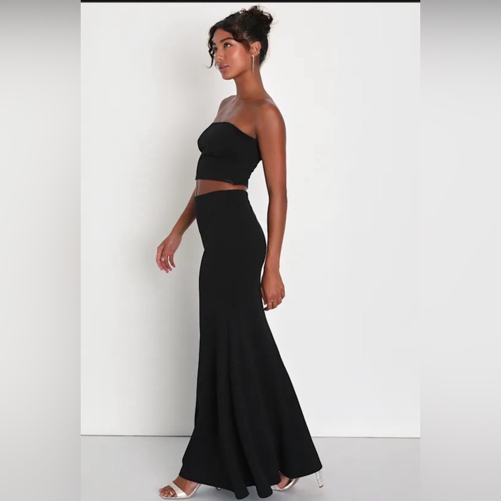 NWT🔖 Lulus Black Strapless Two-Piece Formal Set | Crop Top & Maxi Skirt